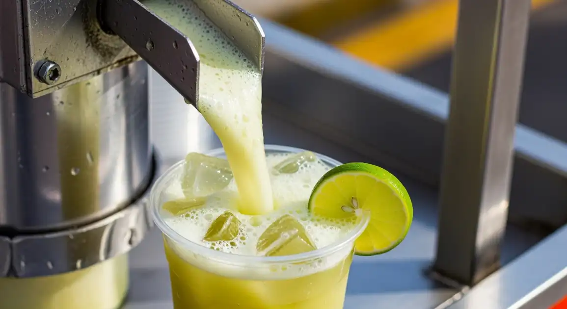 Frothy, light greenish-yellow Caldo de Cana com Limão (sugarcane juice with lime) from Brazil being poured from a press into...