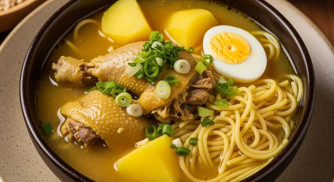 Hearty bowl of Peruvian Caldo de Gallina soup in Cusco, featuring rich yellow broth, hen meat, noodles, potato, egg half...