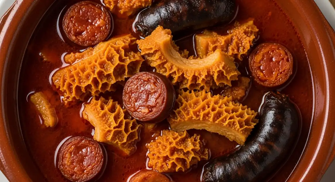 Authentic Callos a la Madrileña from Spain in an earthenware cazuela, featuring tender tripe, chorizo, and morcilla in a...