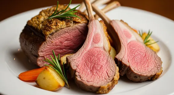 Close-up of perfectly cooked medium-rare roasted Canterbury Lamb rack slices from New Zealand, served with rosemary and...