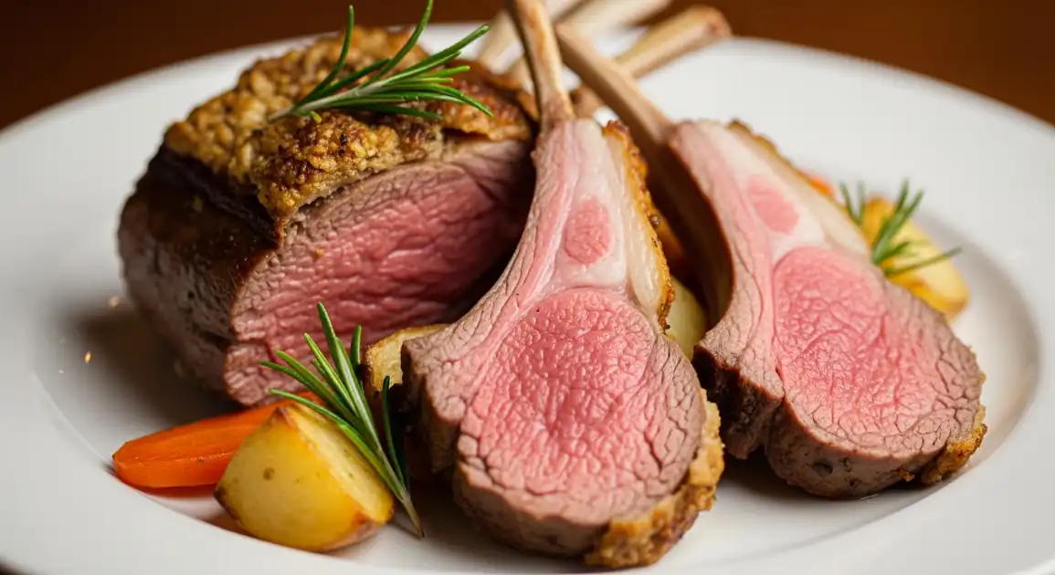 Close-up of perfectly cooked medium-rare roasted Canterbury Lamb rack slices from New Zealand, served with rosemary and...