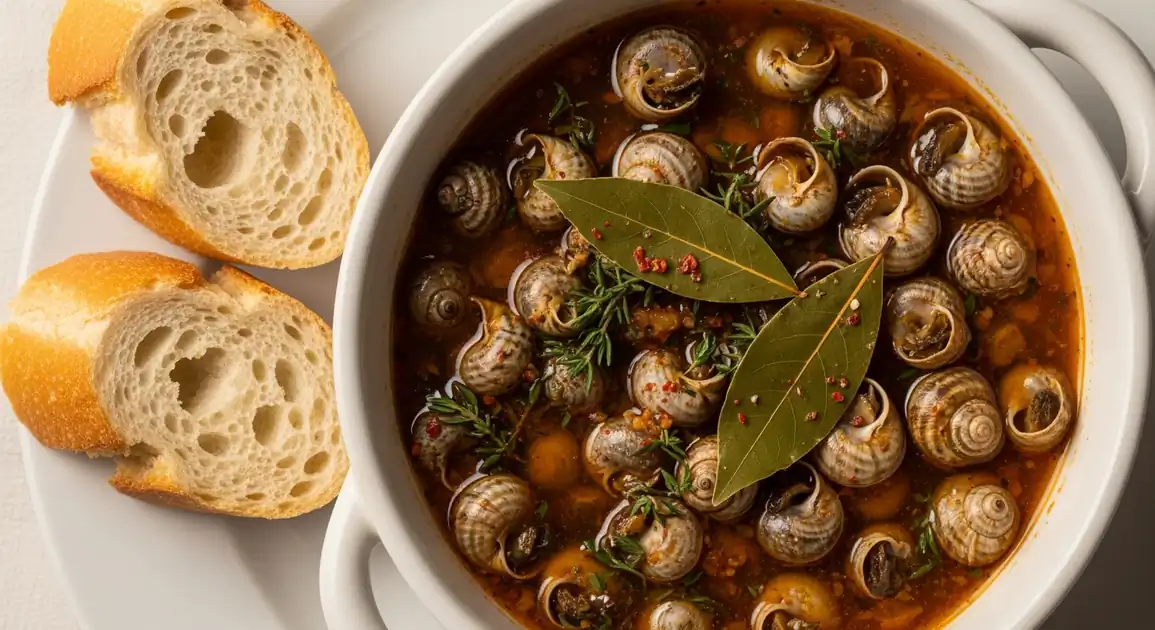 Overhead view of authentic Spanish caracoles from Seville, showing small land snails in a rich reddish-brown herb-infused...