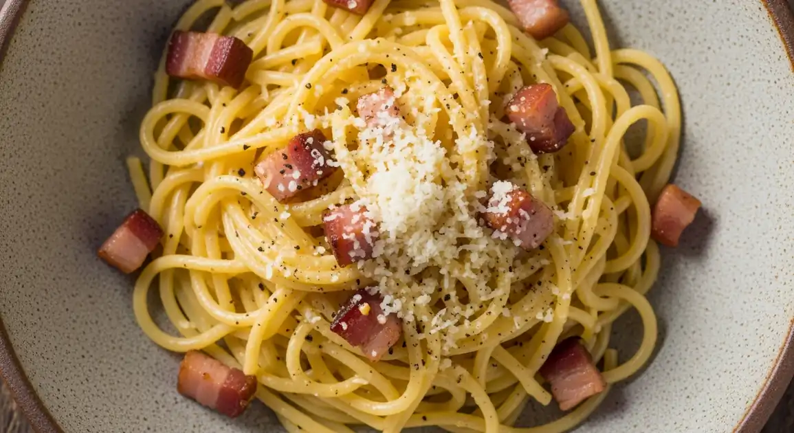 Overhead view of authentic Italian Carbonara from Rome showing perfectly cooked spaghetti coated in silky egg sauce with...