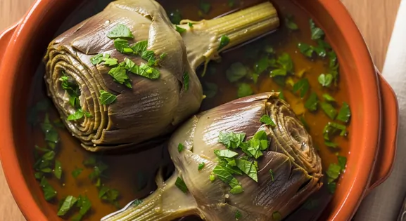 Overhead view of tender Carciofi alla Romana, whole braised Romanesco artichokes with herbs in olive oil broth, served in a...