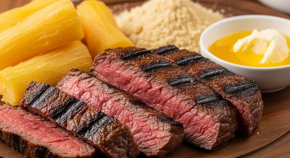 Authentic Brazilian Carne de Sol from Rio de Janeiro: grilled sun-cured beef slices served with fried cassava (aipim frito)...