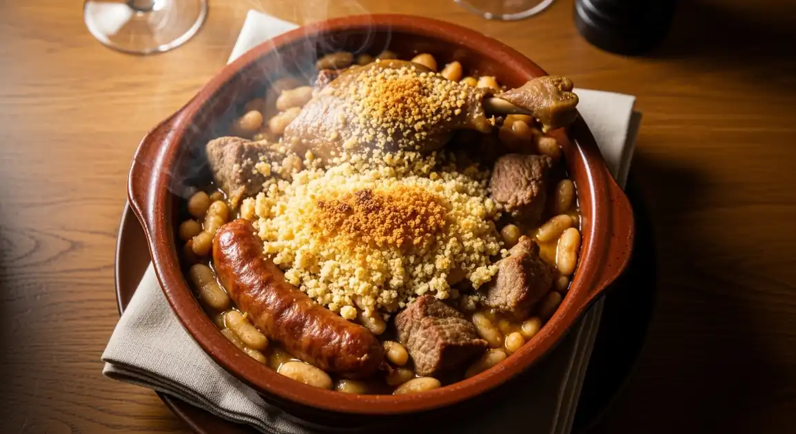 Authentic French Cassoulet served in Paris; overhead view of a rustic earthenware dish with creamy white beans, duck confit...