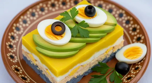 Overhead view of authentic Peruvian Causa showing vibrant yellow potato layers with avocado slices, hard-boiled eggs, and...