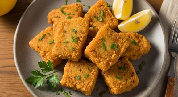 Authentic Spanish cazón en adobo, showing golden-brown pieces of battered dogfish with visible spices, served on a ceramic plate with lemon and parsley on a wooden table.