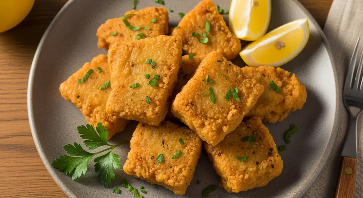 Authentic Spanish cazón en adobo from Seville, showing golden-brown pieces of battered dogfish with visible spices in the...