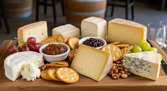 Artisan Central Otago cheese platter from New Zealand featuring various cheese types like brie, blue, and cheddar, served...