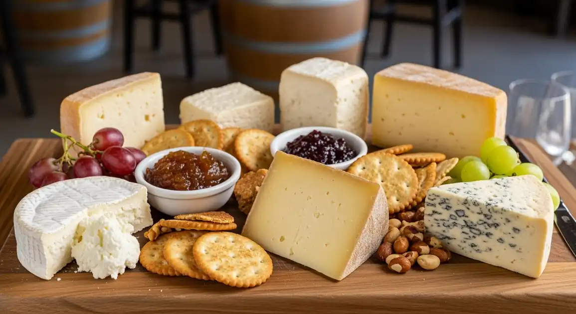 Artisan Central Otago cheese platter from New Zealand featuring various cheese types like brie, blue, and cheddar, served...