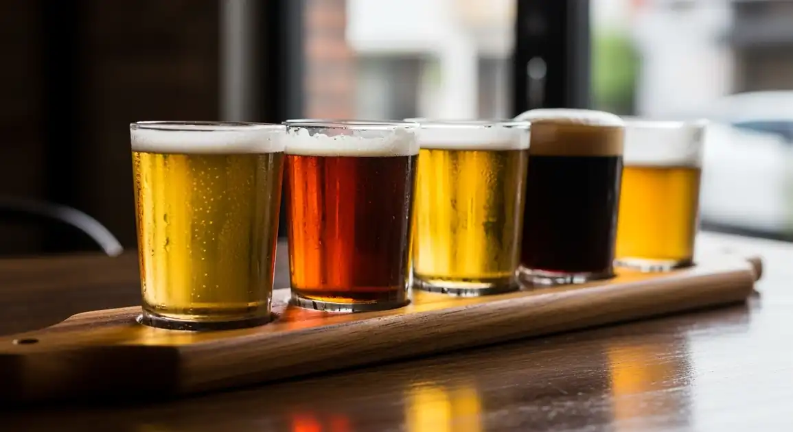 Close-up eye-level shot of a craft beer flight from São Paulo, Brazil, showing diverse beer colors in tasting glasses on a...