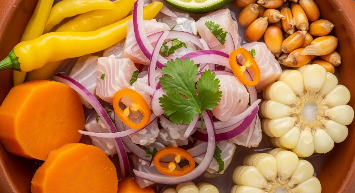 Overhead view of authentic Peruvian ceviche de trucha (trout ceviche) in a traditional clay bowl. Fresh diced pink trout...
