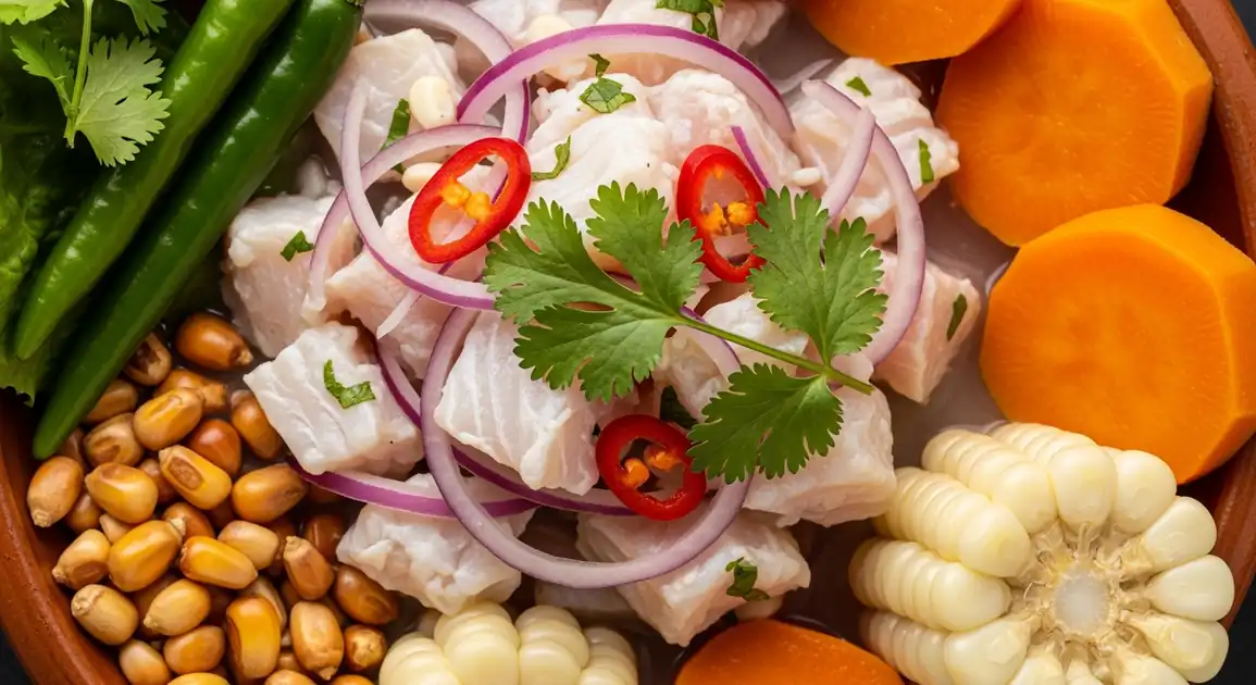 Overhead view of authentic Peruvian ceviche featuring cubes of fresh white fish marinated in lime juice, garnished with red...