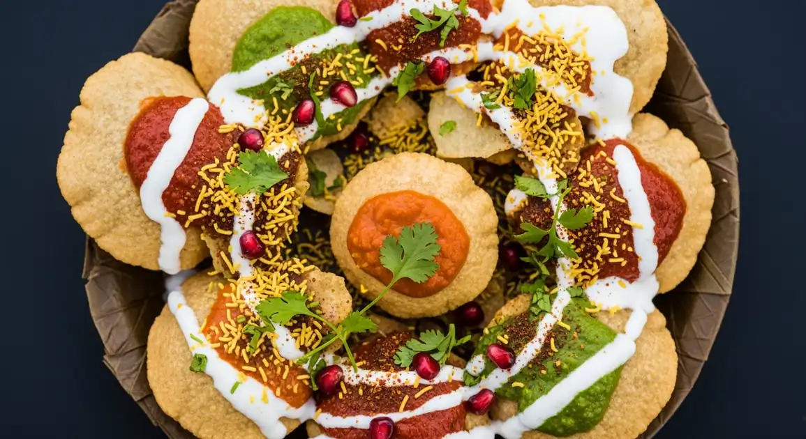 Overhead view of authentic Indian chaat served in a clay plate featuring crispy papdi, drizzled with yogurt, bright red...