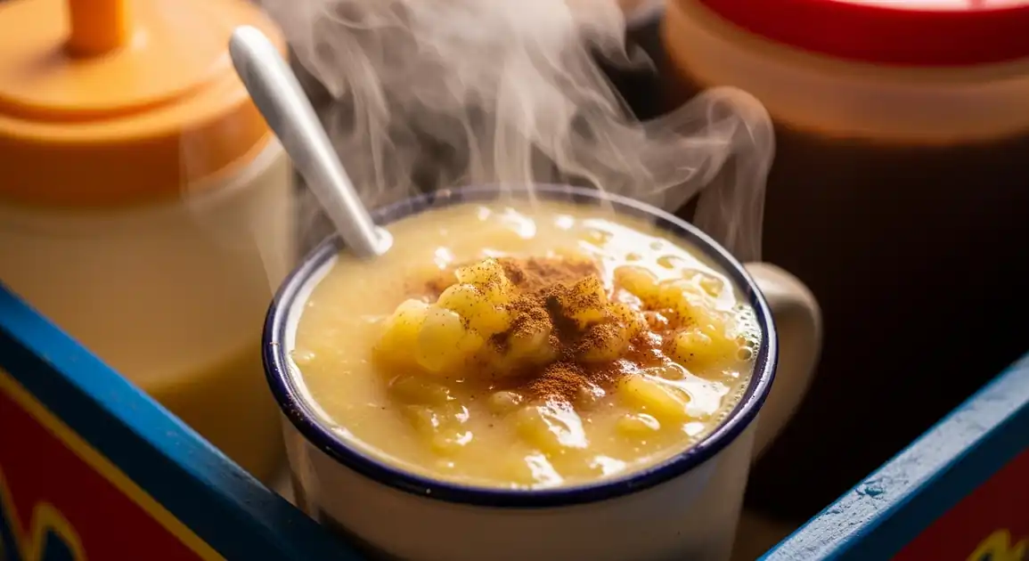 Close-up of steaming Peruvian Champús in a cup, showing thick texture with mote corn and fruit pulp, garnished with...