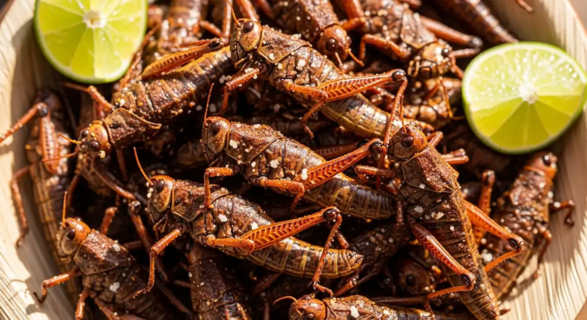 Top-down view of authentic Mexican chapulines - small reddish-brown toasted grasshoppers seasoned with chile, lime, and...