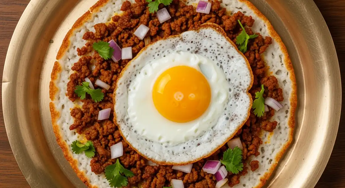 Authentic Nepali Chatamari from Nepal: Overhead view of a thin rice flour crepe topped with seasoned minced buff meat, a...