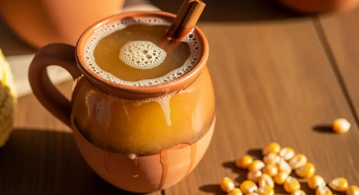 Close-up of authentic Peruvian chicha de jora served in a traditional earthenware cup, showing its golden-amber color and...