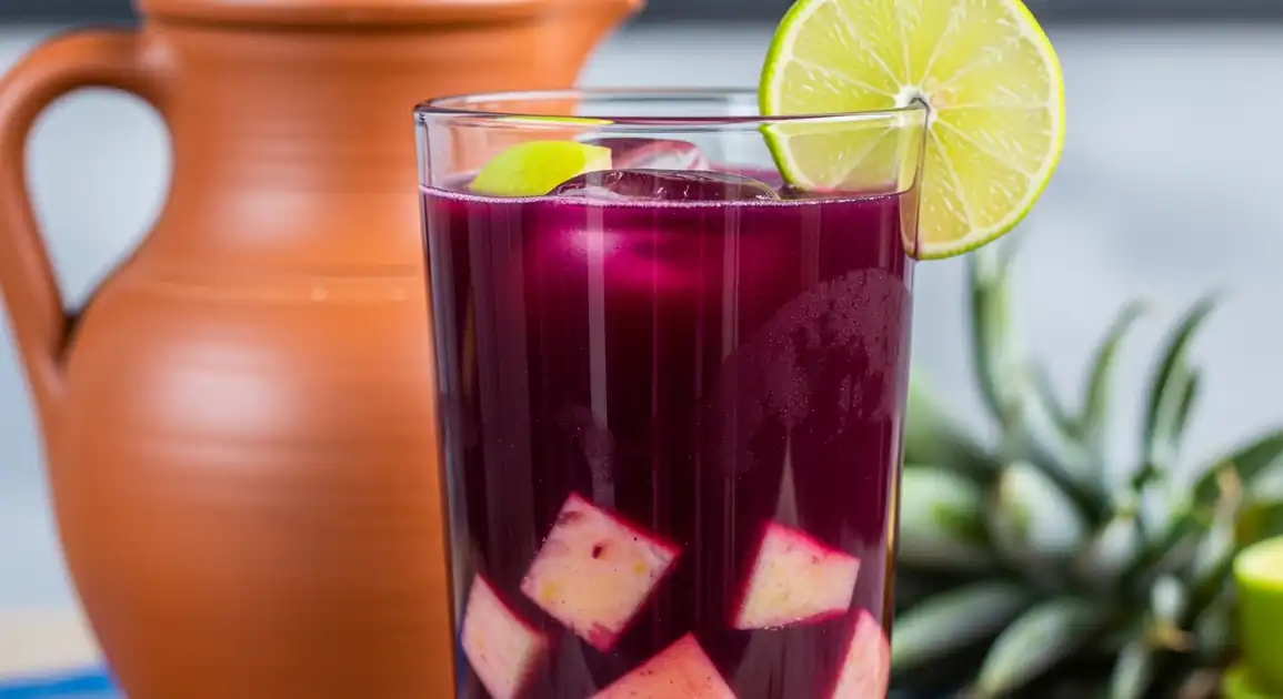 Close-up glass of vibrant deep purple Chicha Morada from Peru, served chilled with chunks of cooked pineapple and apple...
