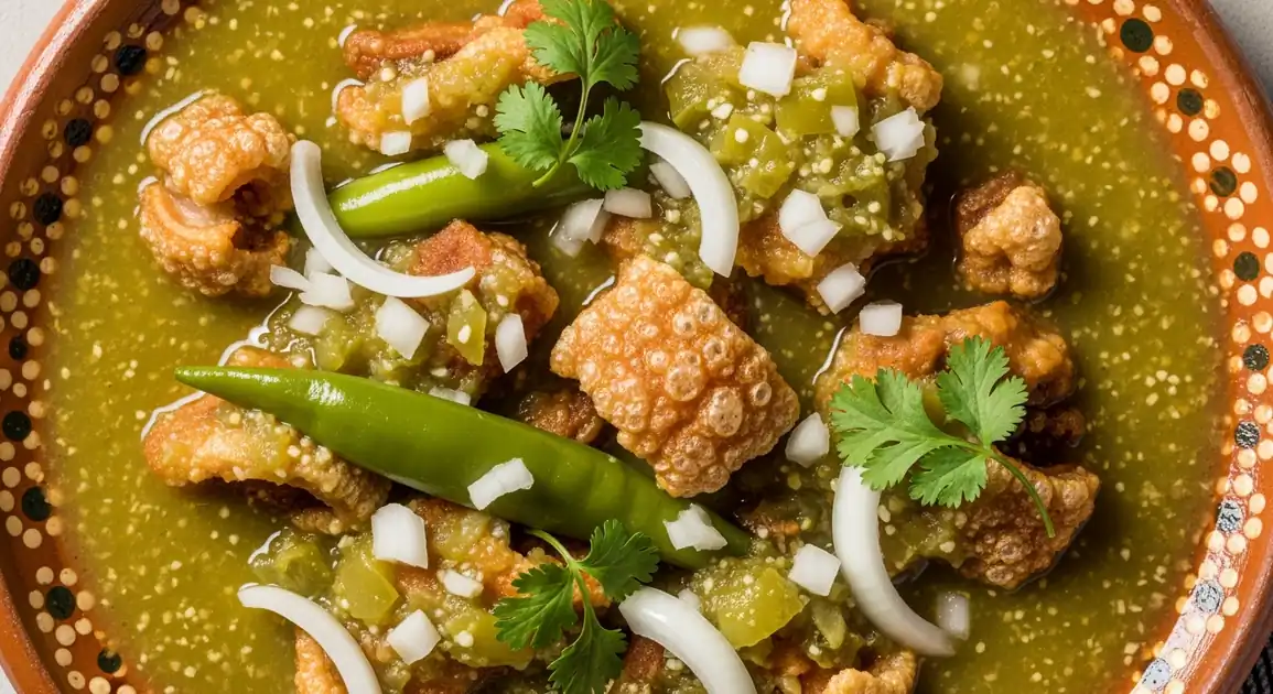Authentic Mexican chicharrón en salsa verde from Mexico City; overhead view showing tender pork rinds simmered in bright...