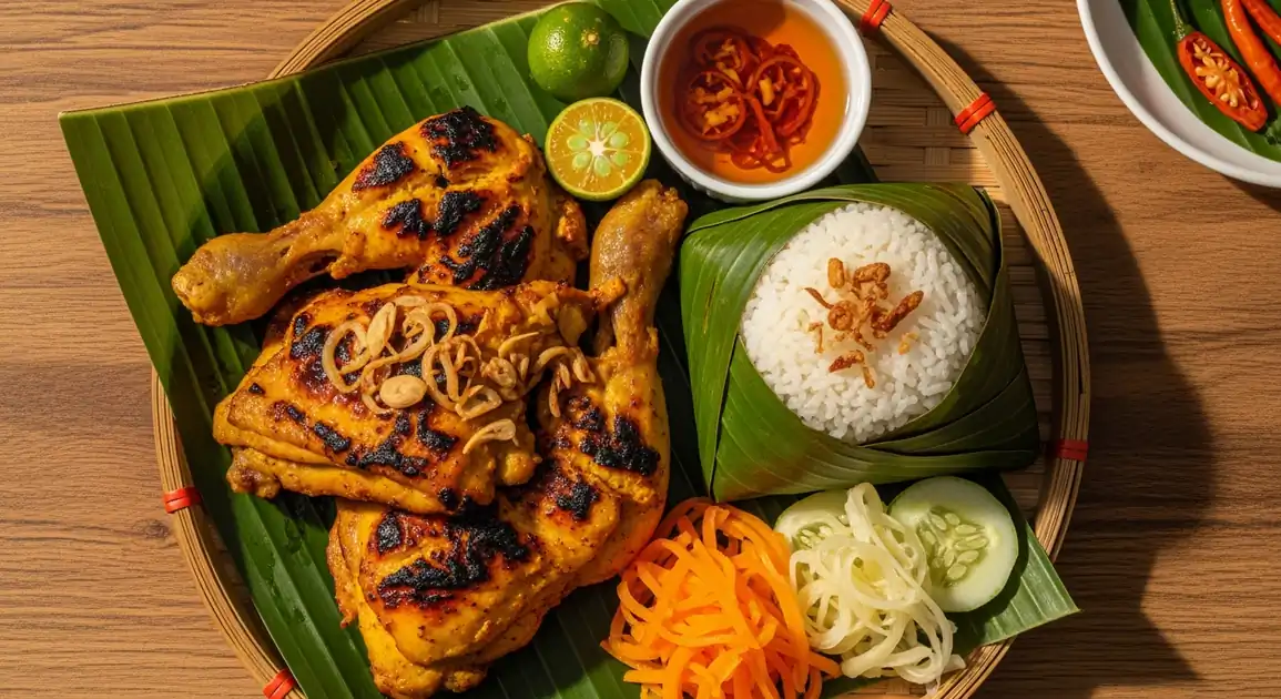 Overhead view of Philippine Chicken Inasal showing grilled chicken pieces with distinctive yellow-orange color from annatto...