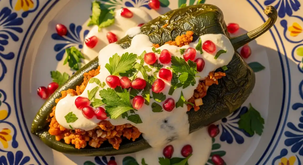 Overhead view of authentic Mexican Chiles en Nogada on a decorative ceramic plate - a large poblano chile stuffed with...