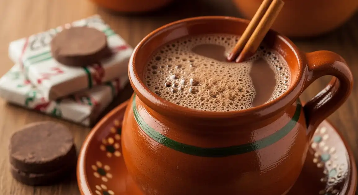 Traditional Mexican Chocolate de Agua served in a terracotta clay mug, featuring a frothy cinnamon-colored drink with foam...