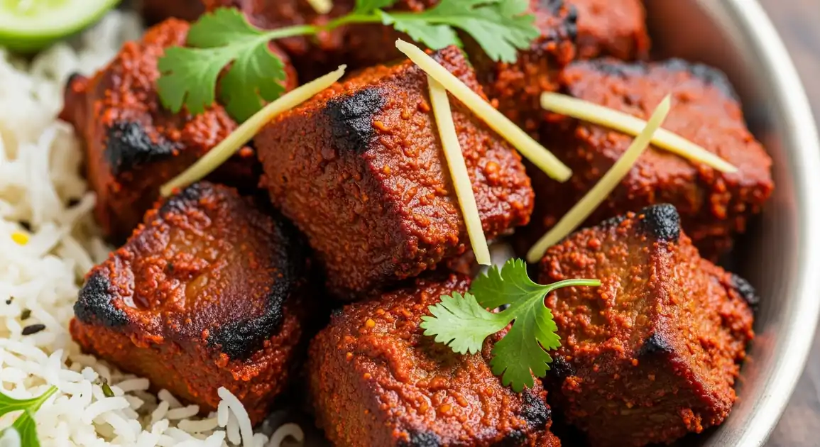Close-up of authentic Nepali Buff Choila from Kathmandu; spicy grilled water buffalo meat chunks coated in red spices and...