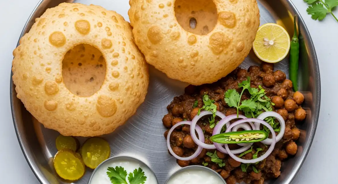 Overhead view of authentic Indian chole bhature with golden-brown puffy bhature bread alongside dark brown spiced chickpea...