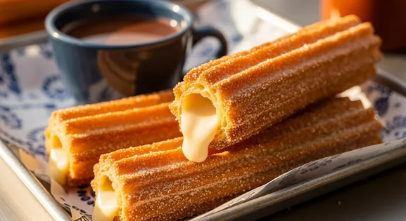 Authentic Mexican churros rellenos: golden-brown, sugar-coated, crispy pastries with creamy cajeta filling, served with hot chocolate.