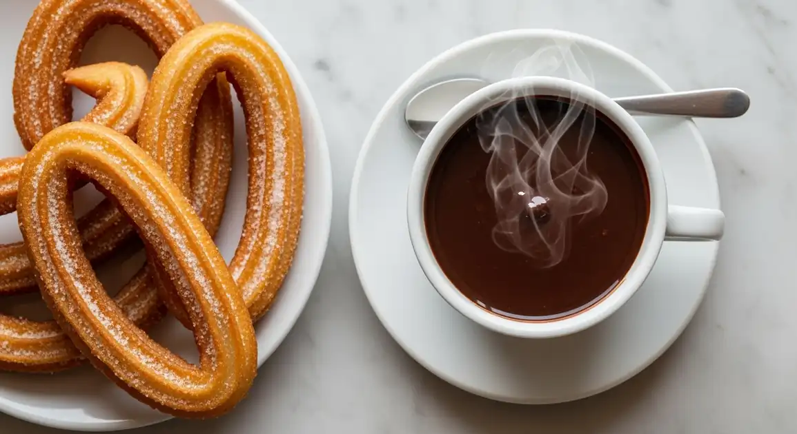 Overhead view of authentic Spanish churros from Madrid; golden-brown ridged churros lightly dusted with sugar next to a cup...