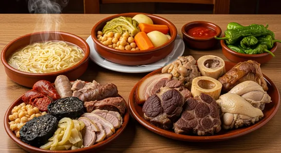 Authentic Cocido Madrileño from Spain, showing its three traditional servings: noodle soup, chickpeas with vegetables, and assorted meats.