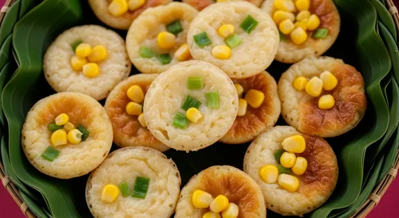 Top-down view of authentic Thai coconut pancakes (Khanom Krok) showing small round pancakes with golden-brown crispy edges...
