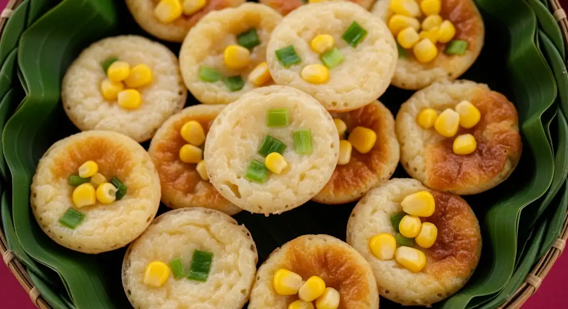 Top-down view of authentic Thai coconut pancakes (Khanom Krok) showing small round pancakes with golden-brown crispy edges...
