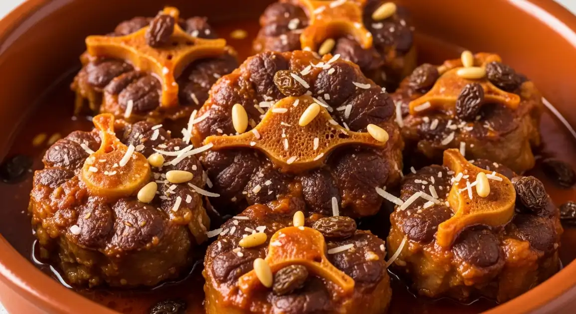 Close-up of authentic Roman Coda alla Vaccinara: tender, braised oxtail pieces in rich, glossy tomato sauce in a traditional...