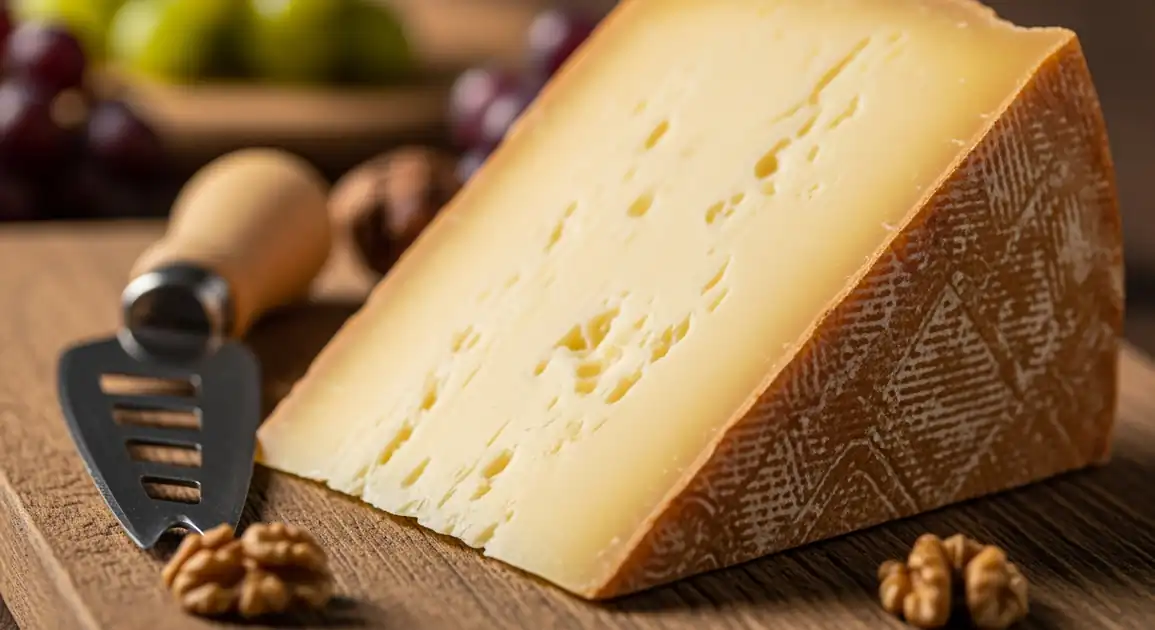 Close-up of a wedge of authentic French Comté cheese on a wooden board, showing its pale yellow paste, crystalline texture...