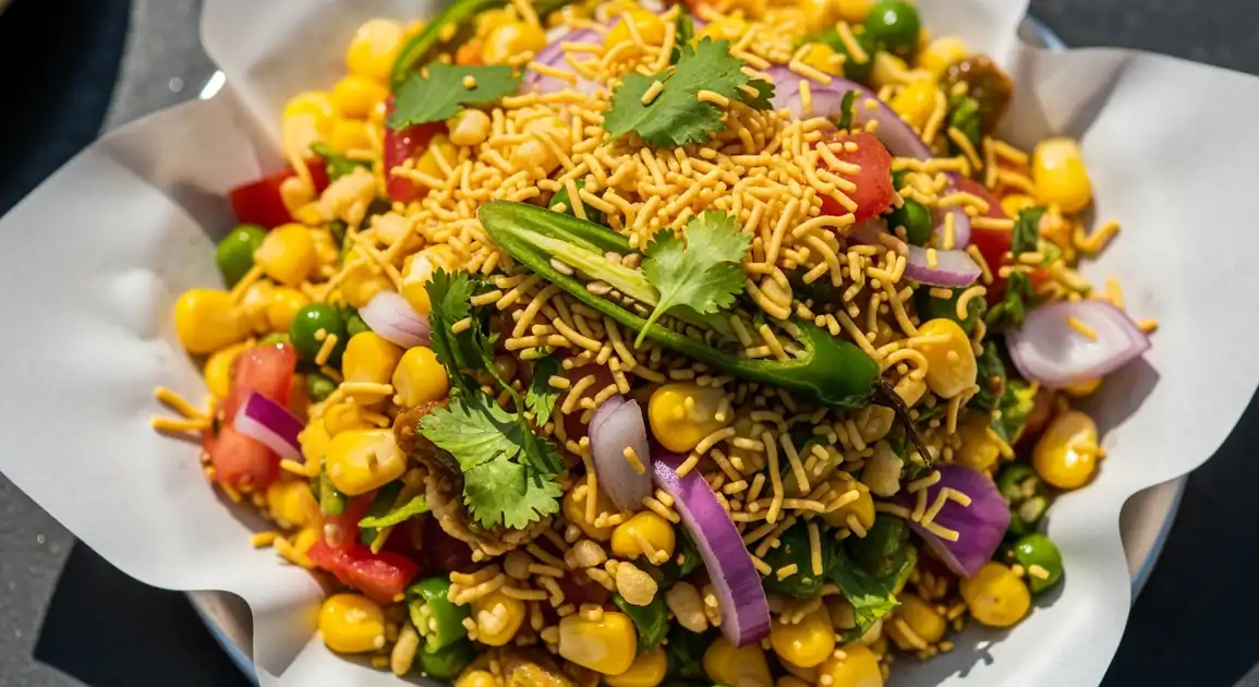 Close-up overhead shot of authentic Indian Corn Bhel from Mumbai; a colorful mix of yellow corn, red onions, tomatoes...