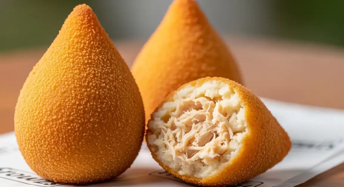 Close-up of two golden-brown, teardrop-shaped Brazilian Coxinhas, with crispy breadcrumb coating, one revealing creamy...