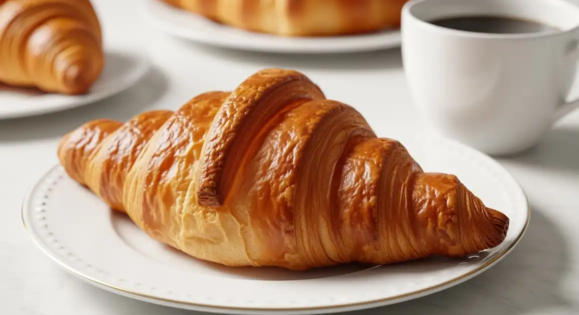 Close-up of a golden-brown, flaky croissant from France, showing layers, served on a white plate next to coffee in bright...