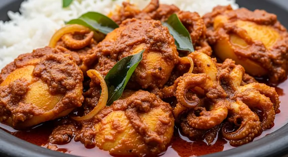 Authentic Sri Lankan Cuttlefish Curry (Dallo Kariya) served in a traditional clay pot beside steamed rice, highlighting...
