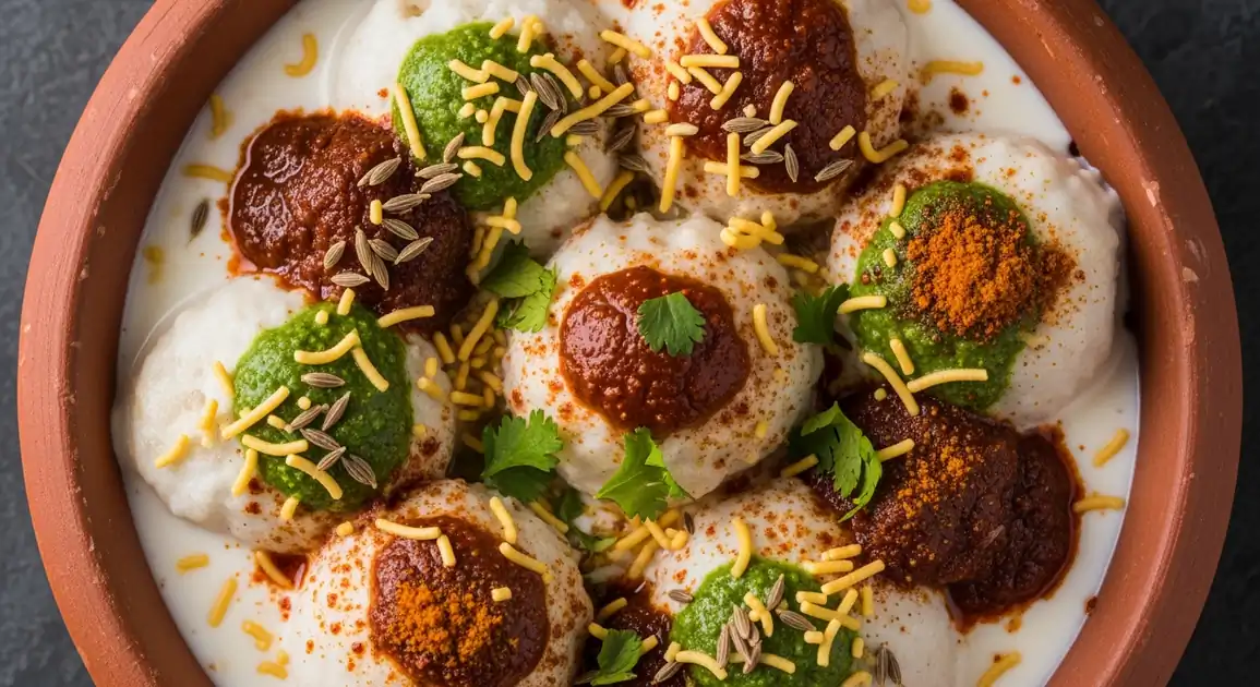 Overhead view of authentic Indian Dahi Vada served in a traditional clay bowl; soft lentil dumplings soaked in creamy white...