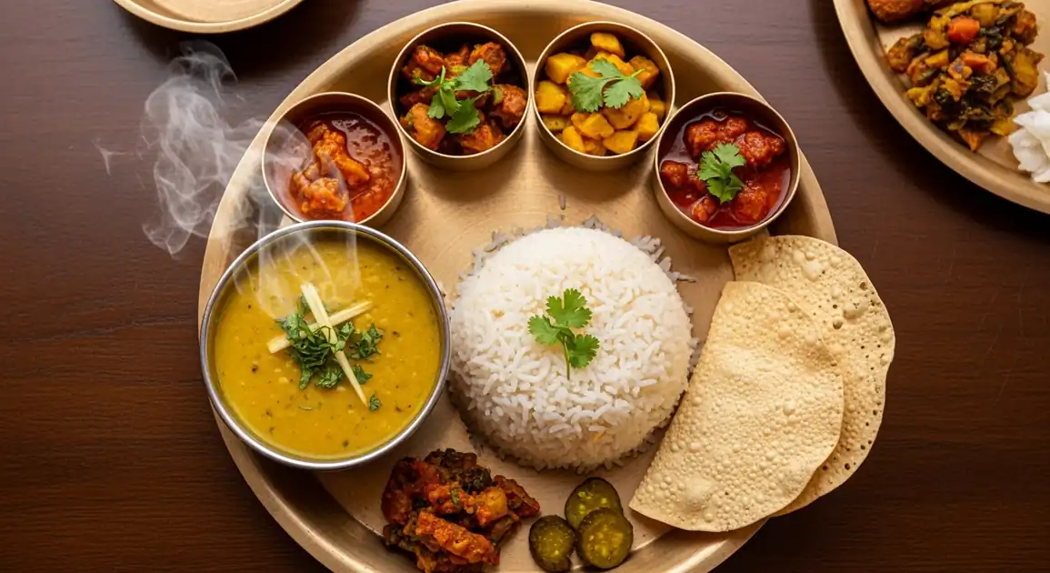 Overhead view of authentic Nepali Dal Bhat served on a traditional brass thali plate, featuring yellow lentil soup in a...