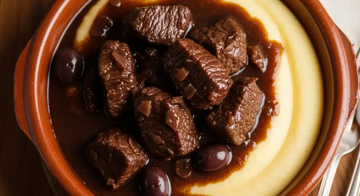 Authentic Daube Niçoise from France; rustic bowl filled with tender beef chunks in rich dark red wine sauce, served...