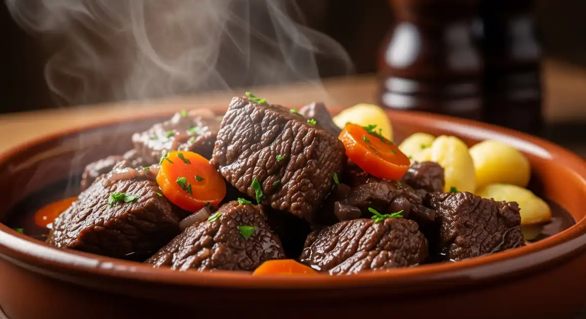 Close-up of authentic Daube Provençale from France, served in a rustic bowl: tender beef chunks in dark red wine sauce with...