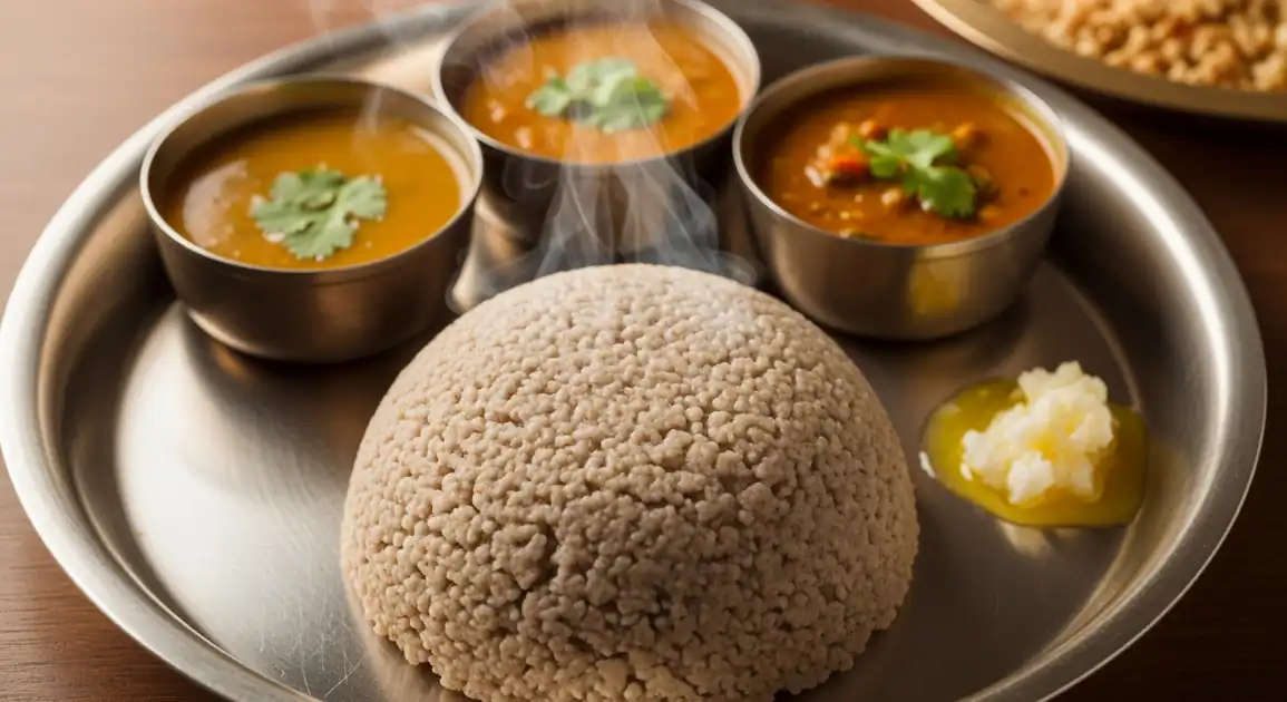 Authentic Nepali Dhindo served on a traditional metal thali plate with gundruk soup, dal, and tarkari; featuring a smooth...