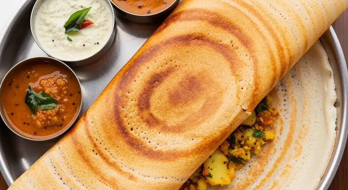 Overhead view of a golden-brown dosa from India, thin and crispy with edges folded over potato filling, served on...