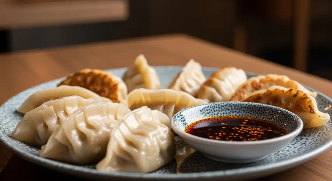Close-up angled shot of assorted Australian dumplings, including plump steamed and crispy pan-fried varieties, served on a...
