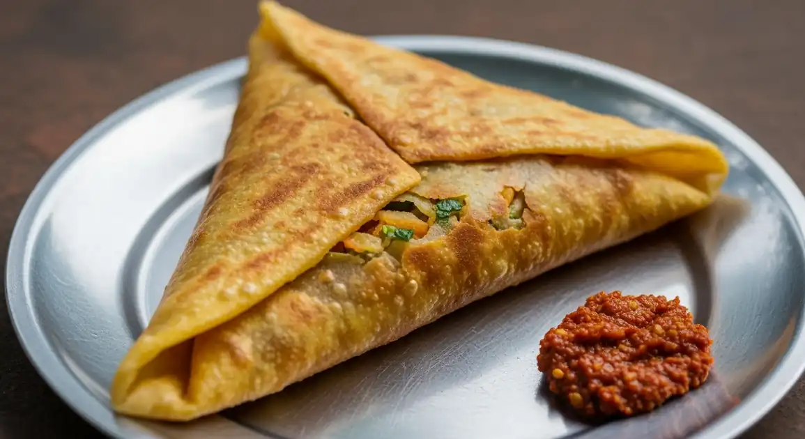 Close-up of authentic Sri Lankan Elawalu Roti from Galle; a golden-brown, triangular folded roti with flaky layers, served...
