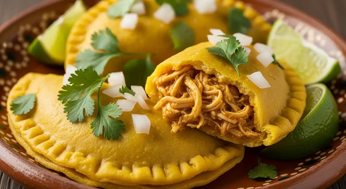 Authentic Mexican empanadas de amarillo from Oaxaca on a traditional clay plate - golden-brown corn masa turnovers filled...